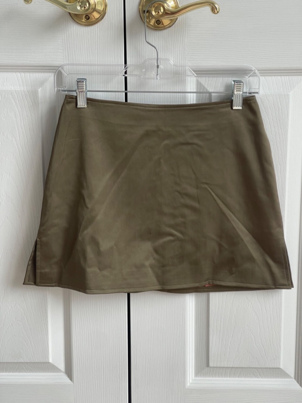 French Connection Satin Mini Skirt Size 2 Olive Bronze Y2K Style